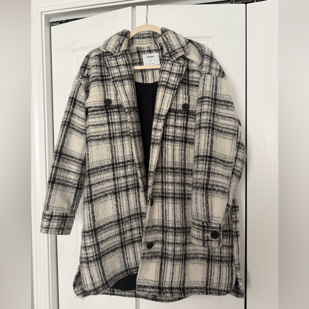Old Navt Black and White Plaid Pea Coat